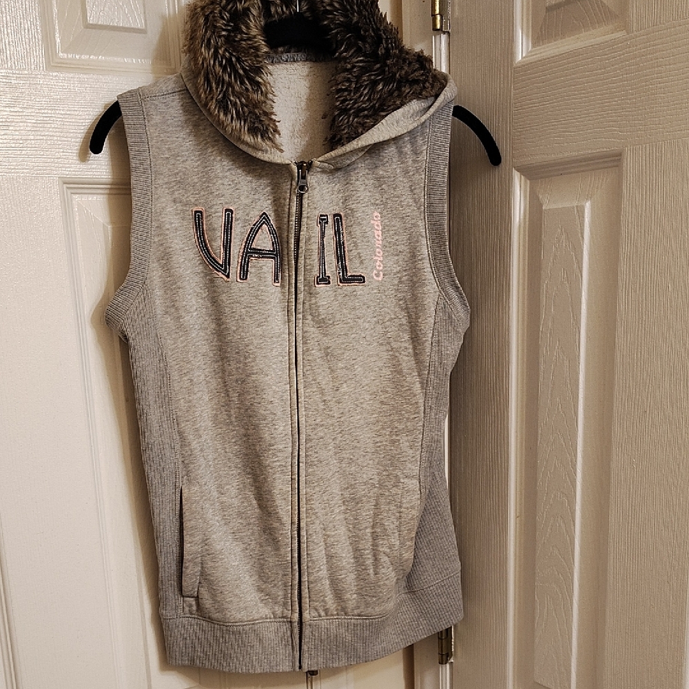 Gray Hooded Vest with Faux Fur Collar